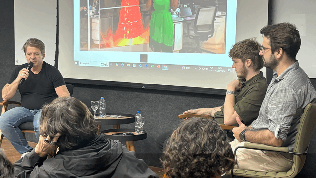 Dinâmica une professor, aluno e profissional do mercado em conversa sobre produção virtual no audiovisual. Crédito: Malu Carvalho